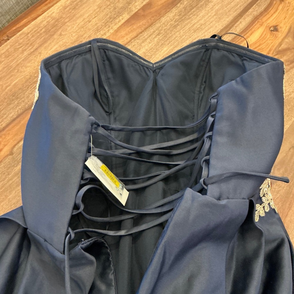 Blondie Nites Navy Strapless Embroidered Satin Dress Corset Back Short - Picture 10 of 16